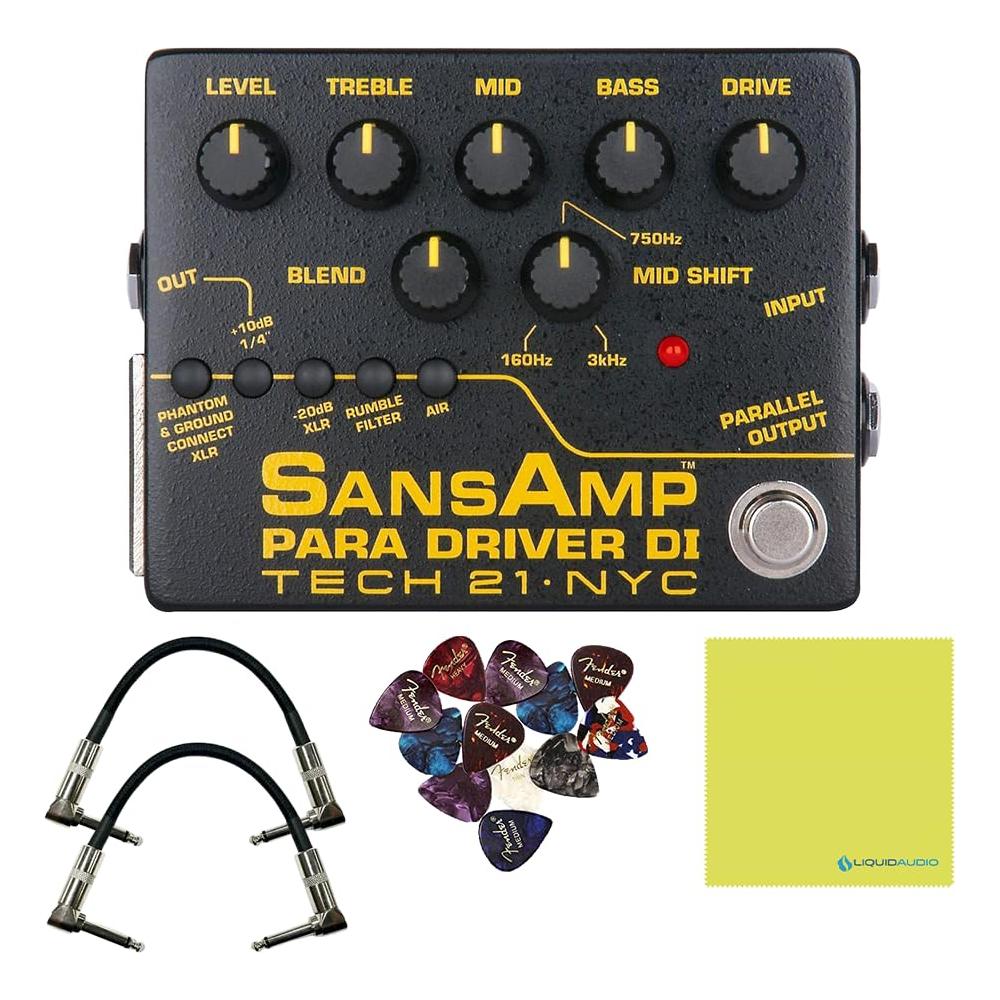 Tech 21 PMDI V2 SansAmp Para Driver DI V2 Guitar Bass Effects Pedal Bundle w/ 2x Strukture S6P48 Woven Right Angle Patch Cables, 12x Fender Picks & Liquid Audio Polishing Cloth