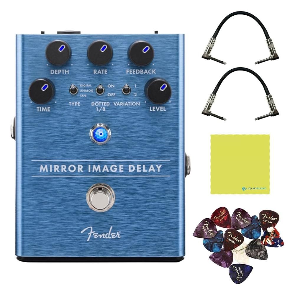 Fender Mirror Image Delay Effects Pedal Bundle w/2x Strukture S6P48 Woven Right Angle Patch Cables, 12x Guitar Picks and Liquid Audio Polishing Cloth