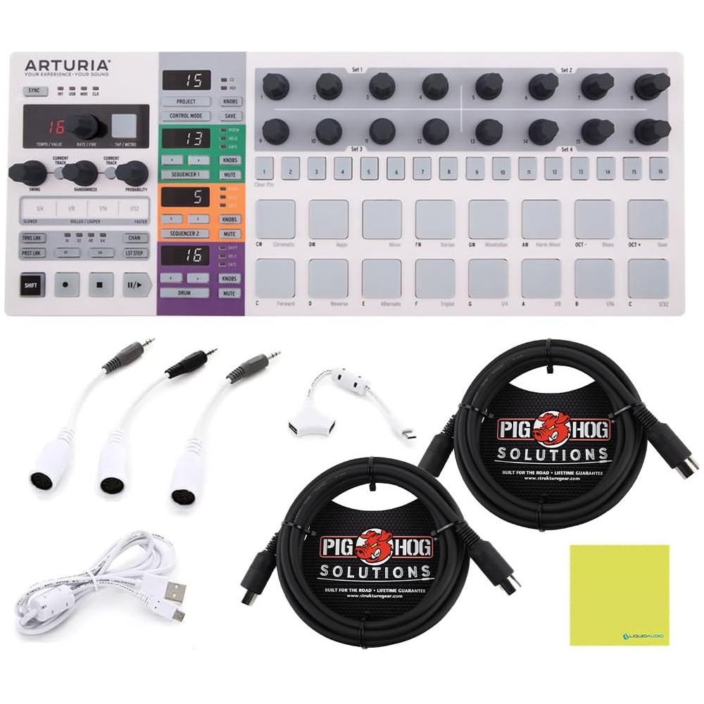 Arturia BeatStep Pro - The Ultimate Sequencing Powerhouse Bundle w/ 2-Pack Pig Hog PMID10 MIDI Cable & Liquid Audio Polishing Cloth