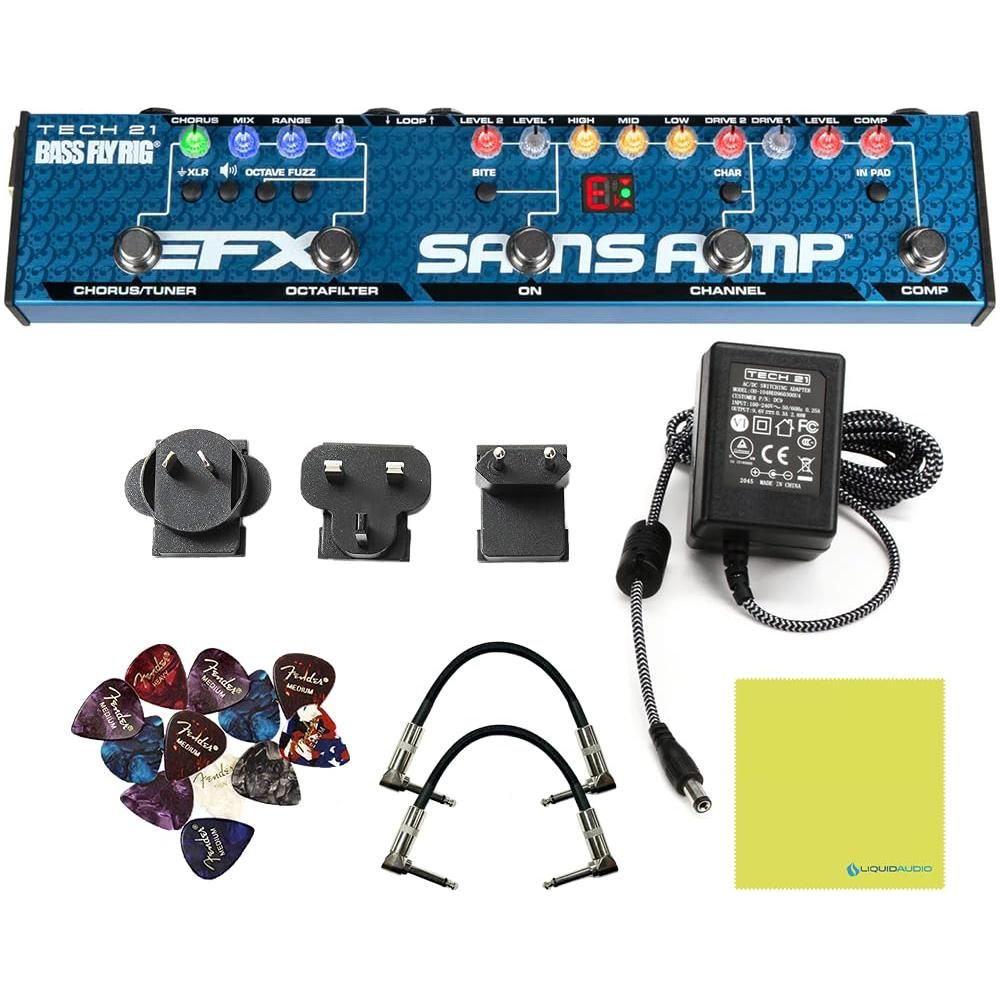 Tech 21 FR-BASS-V2 SansAmp Bass Fly Rig V2 Bundle w/ 2x Strukture S6P48 Woven Right Angle Patch Cables, 12x Fender Picks and Liquid Audio Polishing Cloth