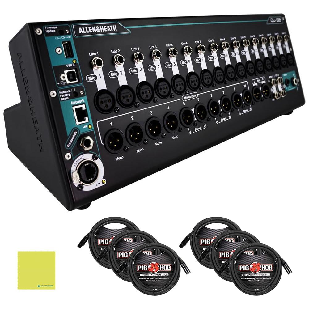 Allen & Heath Qu-SB Portable 18in / 14out Ultra Compact Digital Mixer Bundle w/6-Pack Pig Hog PHM10 8mm XLR Microphone Cable and Liquid Audio Polishing Cloth