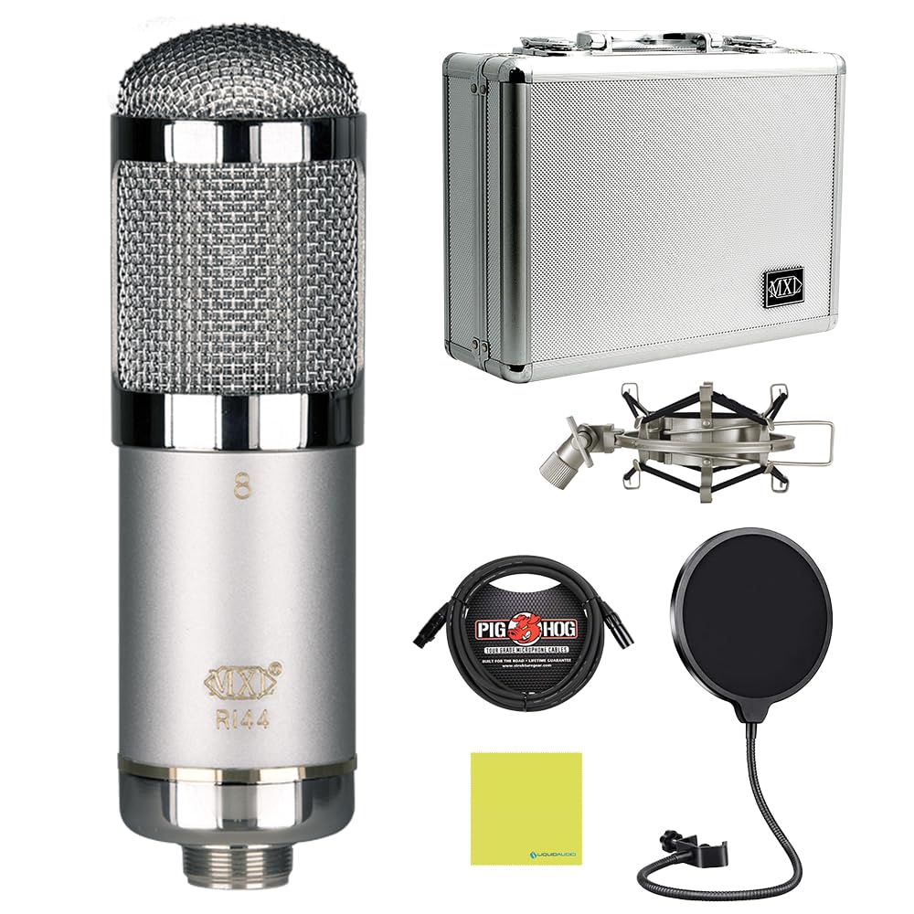 Liquid Audio MXL R144 HE - Heritage Edition Multi-Purpose Ribbon Microphone Bundle w/Pig Hog PHM10 8mm Mic Cable, Pop Filter Polishing Cloth