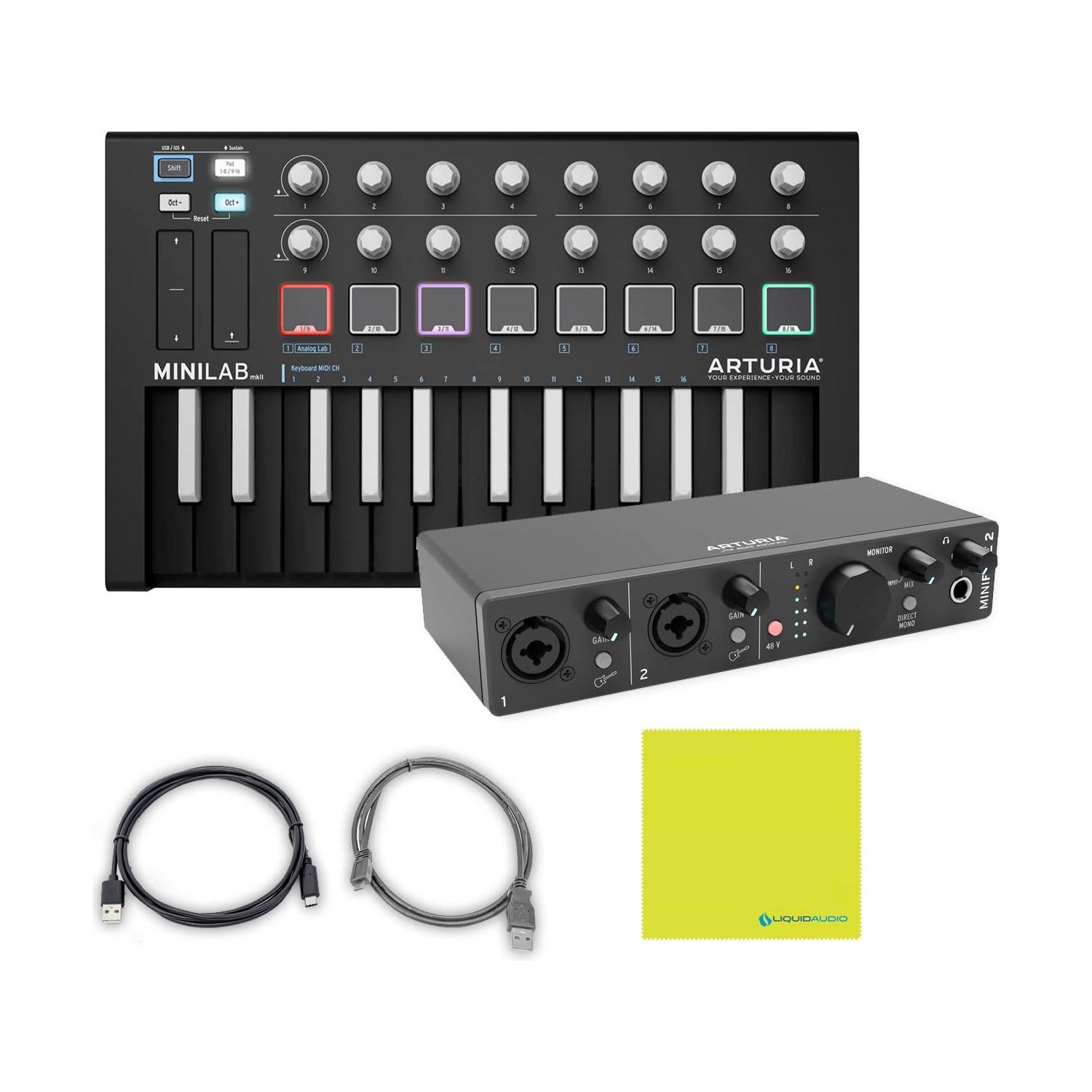 Arturia MiniLab MKII MIDI Keyboard Bundled with Arturia Minifuse 2 USB Audio Interface, 2 USB Cables & Polishing Cloth- MIDI Interface Music Recording Equipment, Software Included (BLACK MIDI)