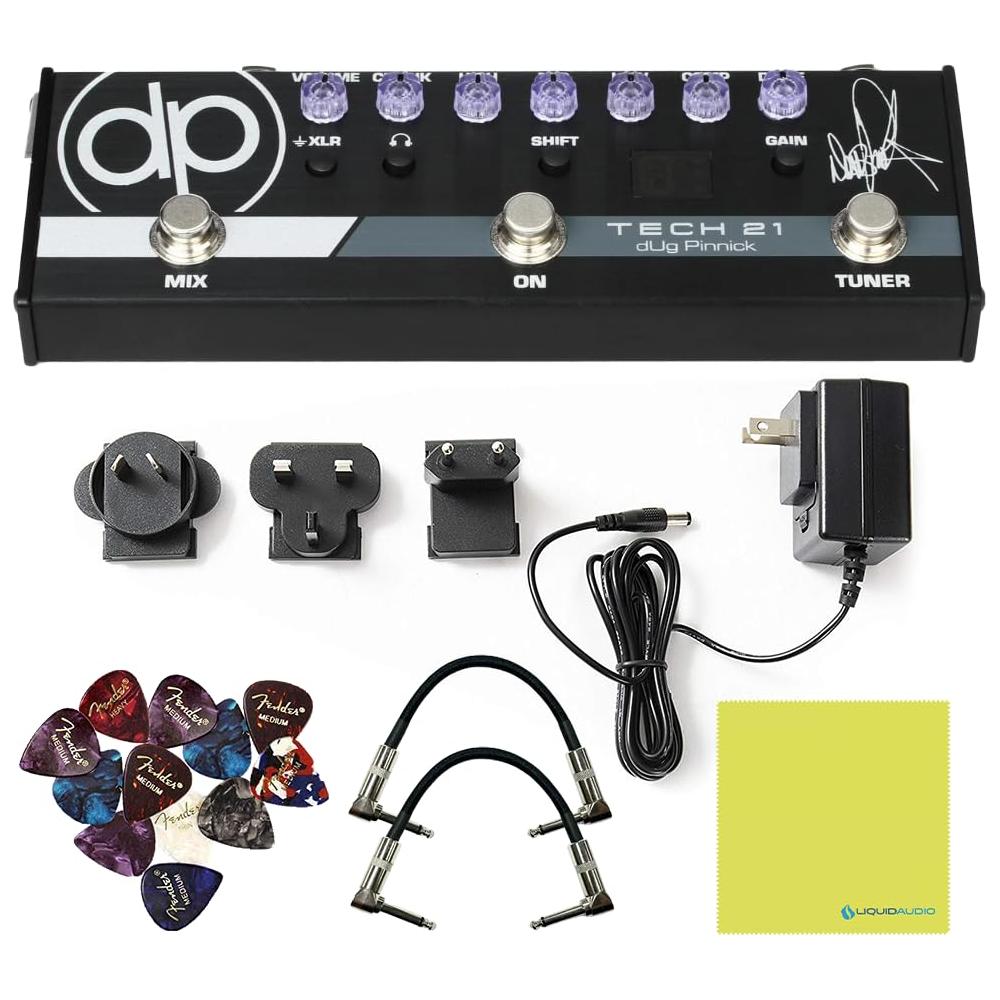 Tech 21 SansAmp dUg Pinnick DP-3X Signature Pedal Bundle w/ 2x Strukture S6P48 Woven Right Angle Patch Cables, 12x Fender Picks and Liquid Audio Polishing Cloth