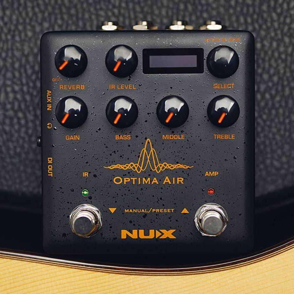 NUX Optima Air NAI-5 Dual Switch Guitar Simulator Bundle w/2x Strukture S6P48 Woven Right Angle Patch Cables, 12x Guitar Picks and Liquid Audio Polishing Cloth