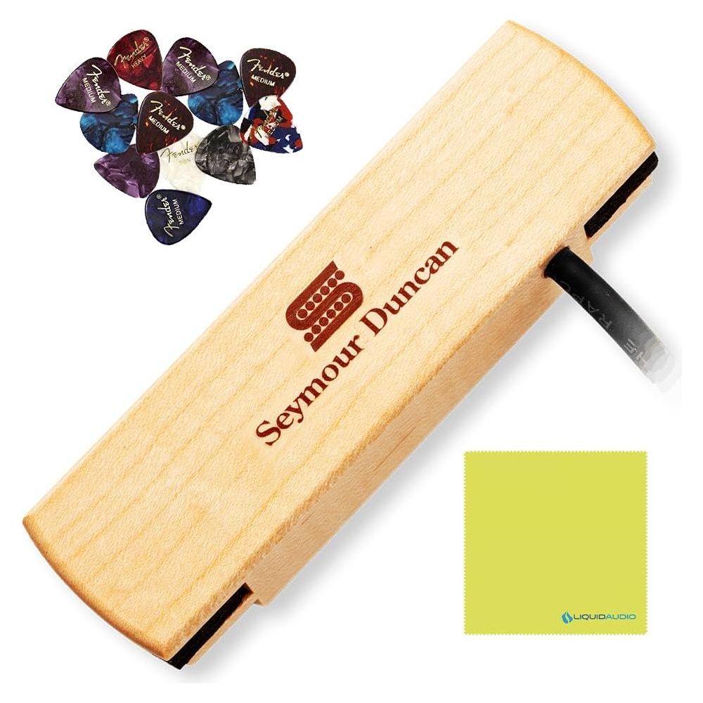 Seymour Duncan 11500-31 Woody Hum Canceling Acoustic Guitar Soundhole Pickup - Maple Bundle w/ 12x Fender Guitar Picks, and Liquid Audio Polishing Cloth