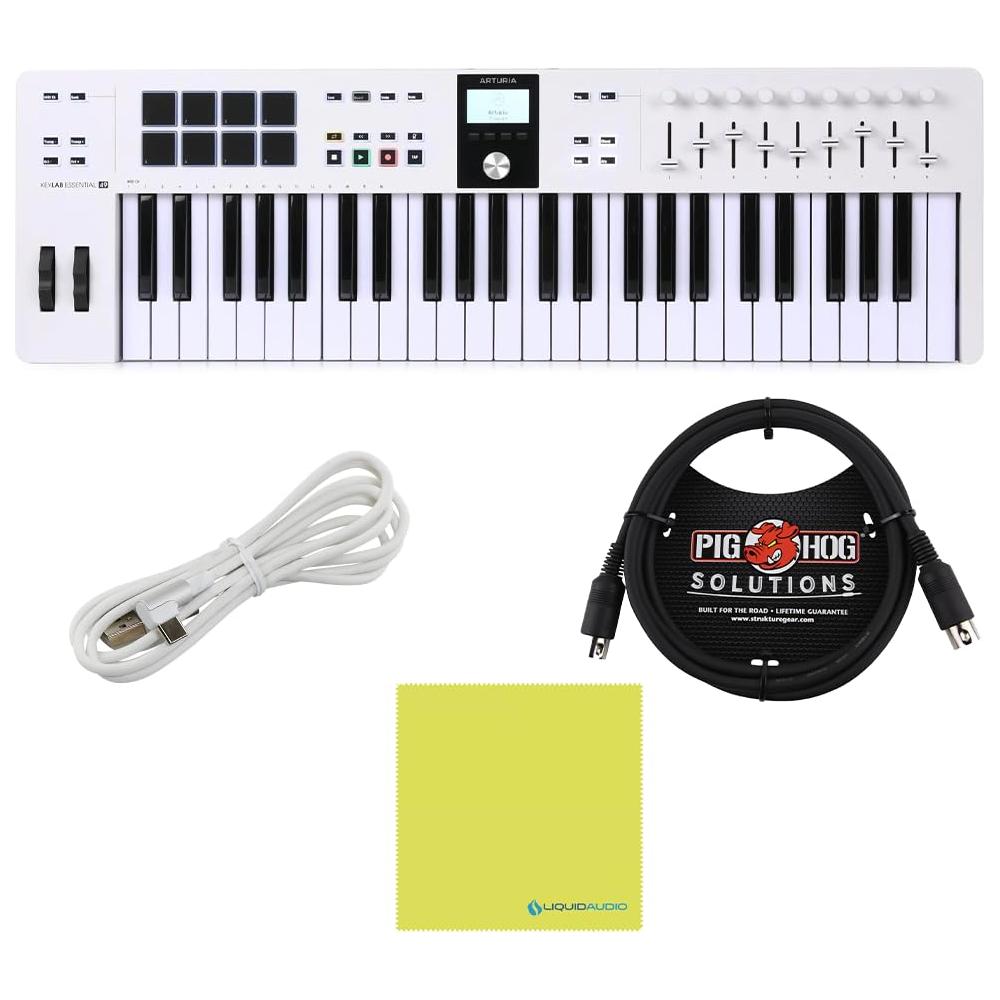 Arturia KeyLab Essential 49 mk3 MIDI Controller White Bundle w/Pig Hog MIDI Cable, USB Cable & Liquid Audio Polishing Cloth