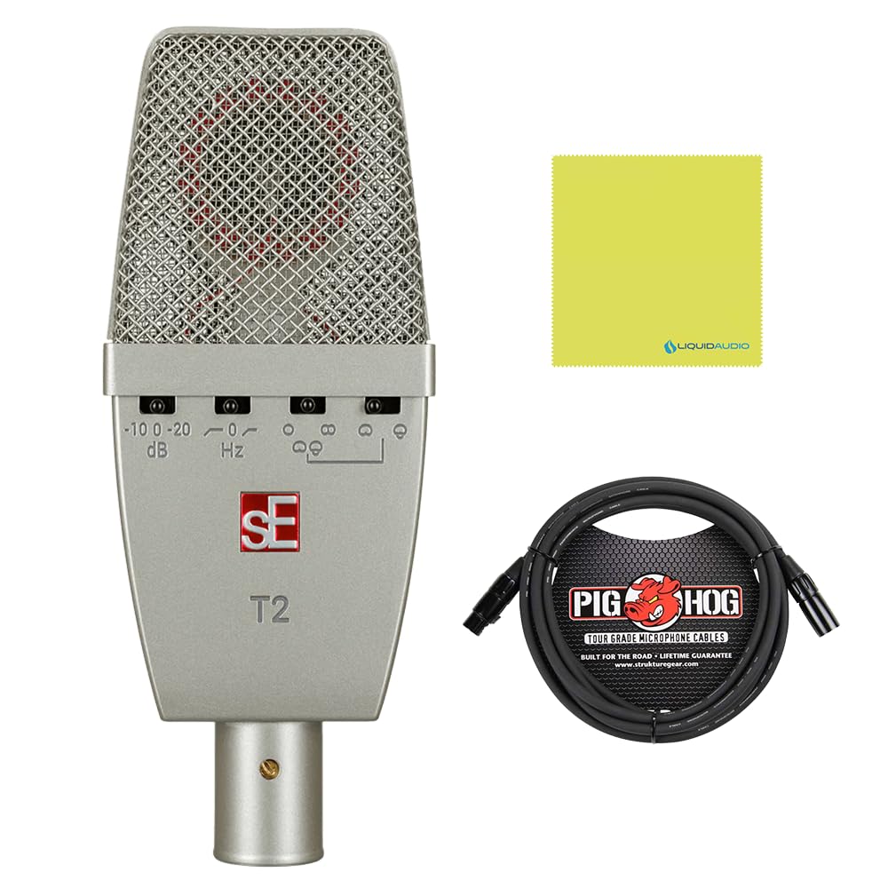 Liquid Audio sE Electronics T2 Multi-Pattern Large-Diaphragm Condenser Microphone Bundle w/Pig Hog PHM10 8mm Mic Cable Polishing Cloth