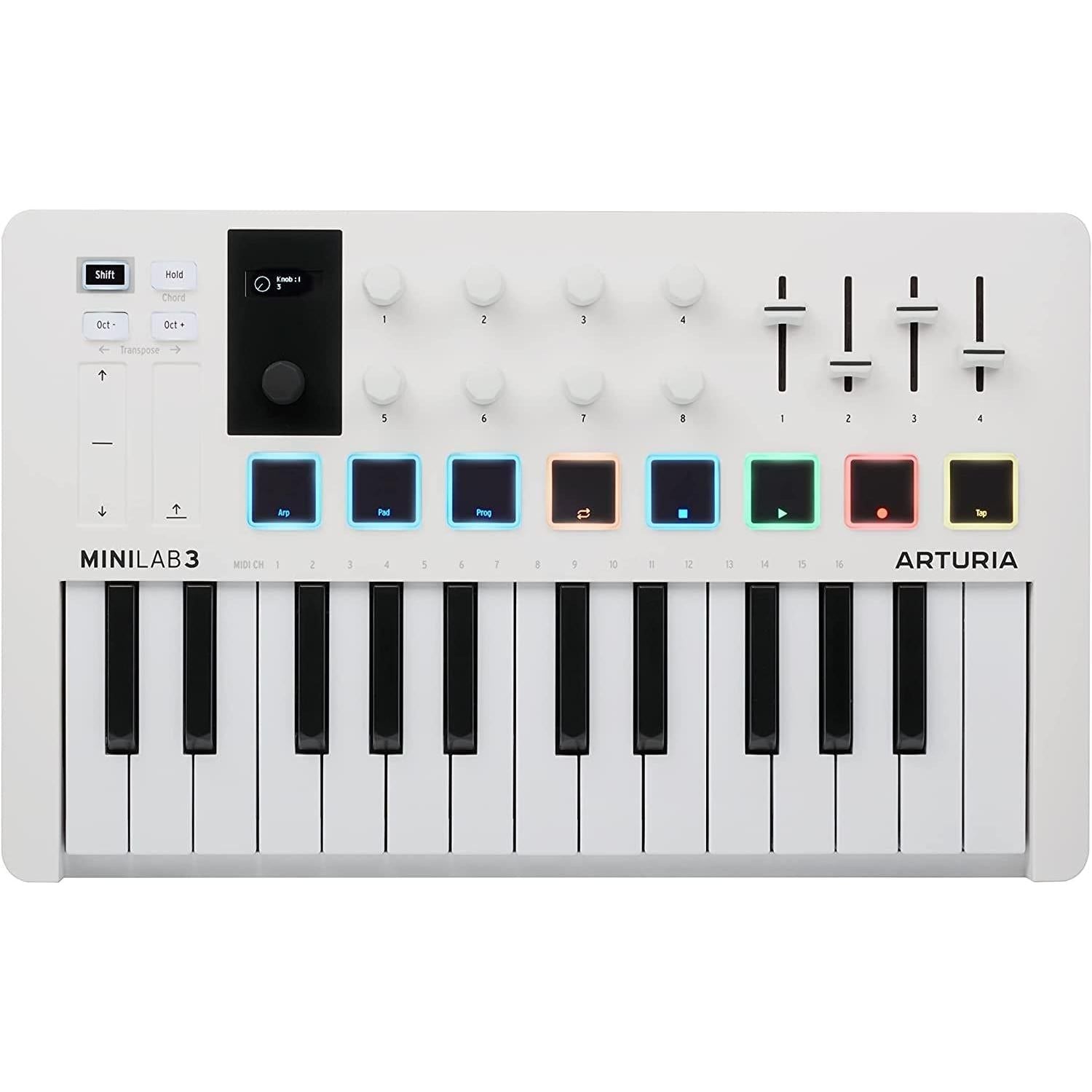 Arturia MiniLab 3 MIDI Keyboard Controller Bundle with Deluxe Sustain Pedal, USB Cable & Liquid Audio Polishing Cloth - 25 Key MIDI Keyboard for Recording Studio Equipment, Software Included (WHITE)