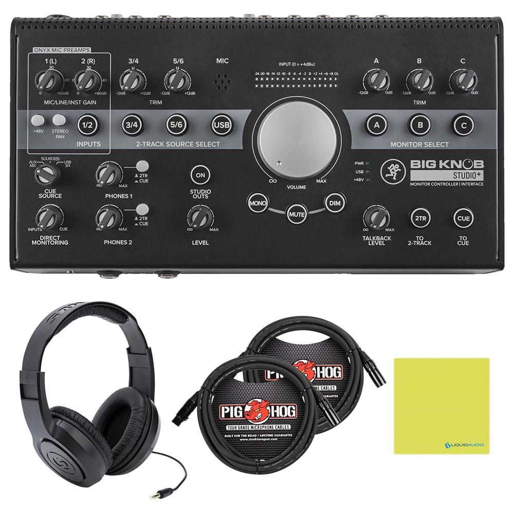 Mackie Big Knob Studio Plus Monitor Controller & Interface Bundle w/Samson Over-Ear Stereo Headphones, 2-Pack Pig Hog 8mm Mic Cable and Liquid Audio Polishing Cloth