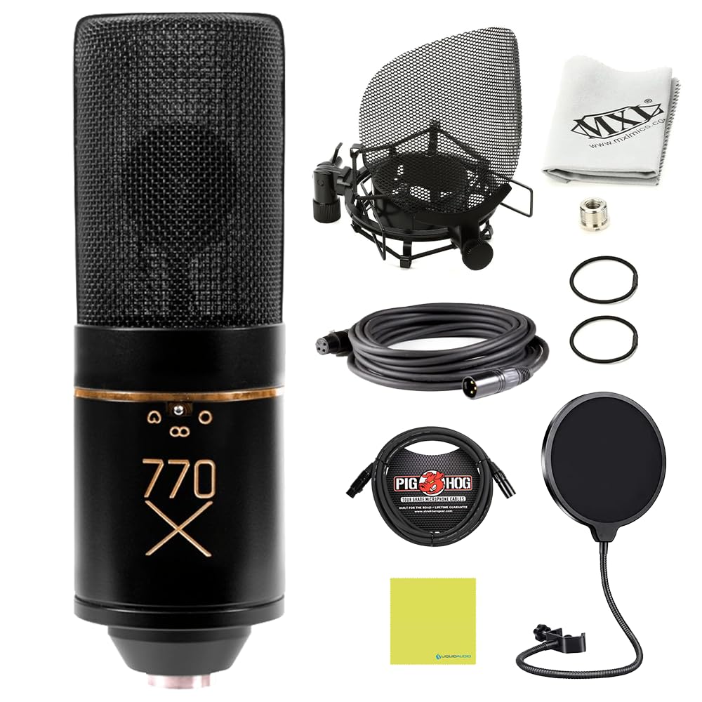 Liquid Audio MXL 770X Multi-Pattern Condenser Microphone Kit Bundle w/Pig Hog PHM10 8mm Mic Cable, Pop Filter Polishing Cloth