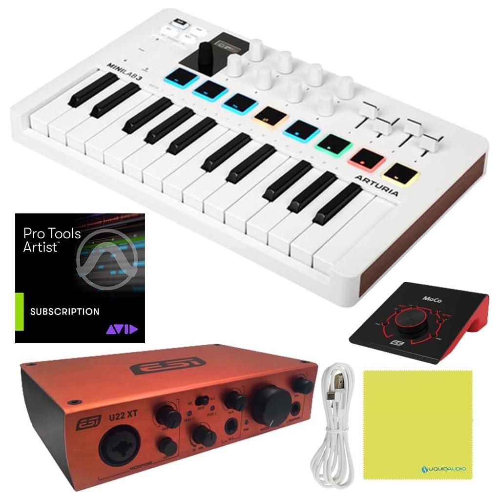 Arturia MiniLab 3 Mini Hybrid Keyboard Controller Bundle w/ESI Audio Interface, ESI MoCo Controller, Pro USB Cable & Liquid Audio Polishing Cloth