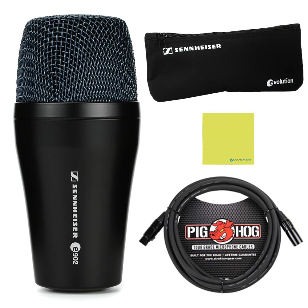 Liquid Audio - Sennheiser E 902 Cardioid Dynamic Kick Drum Microphone Bundle w/Pig Hog PHM10 8mm Mic Cable Polishing Cloth