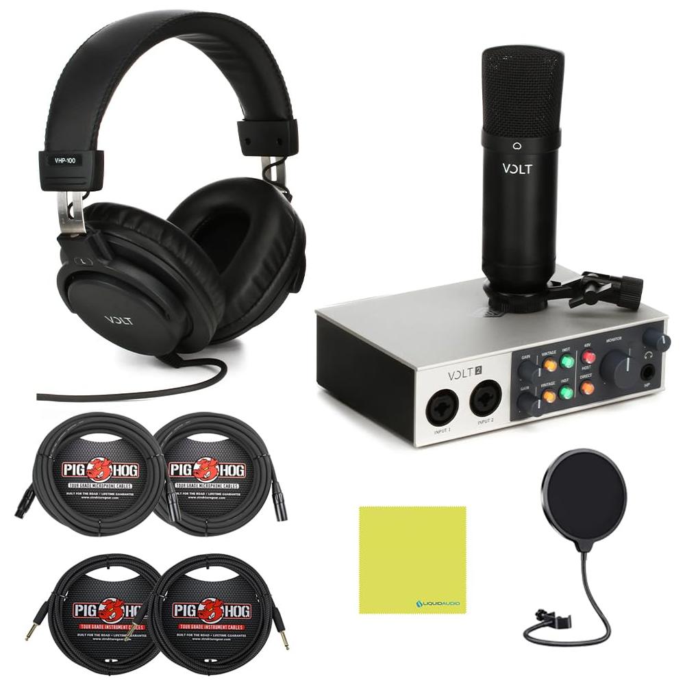 Universal Audio Volt 2 Studio Pack - USB Audio Interface, Condenser Mic and Studio Headphones Bundle with 2X Pig Hog 8mm XLR Mic Cable, 2X Pig Hog Instrument Cable, Mic Pop Filter and Polishing Cloth