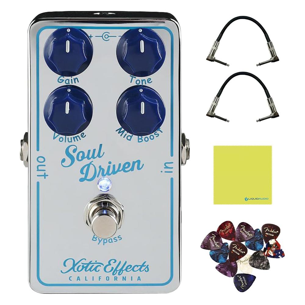 XOTIC Soul Driven Creamy Boost Overdrive Pedal Bundle w/ 2-Pack Strukture S6P48 Woven Right Angle Patch Cable, 12-Pack Guitar Pick and Liquid Audio Polishing Cloth