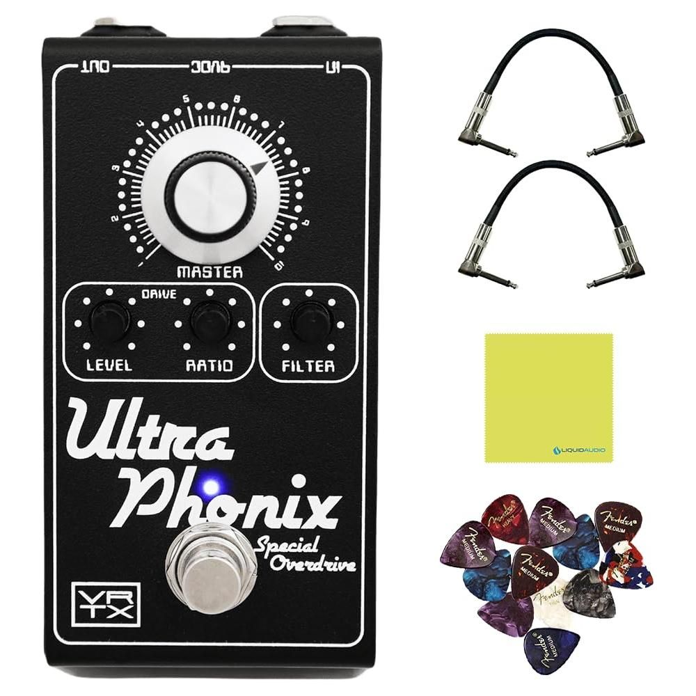 Vertex Effects Ultraphonix MK II Overdrive Pedal Bundle w/2x Strukture S6P48 Woven Right Angle Patch Cables, 12x Guitar Picks and Liquid Audio Polishing Cloth