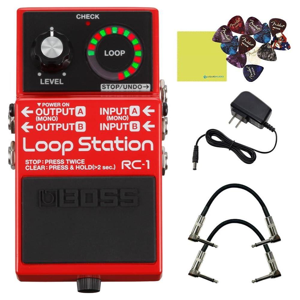 Boss RC-1 Loop Station Looper Pedal Bundle w/2x Strukture S6P48 Woven Right Angle Patch Cables, 12x Guitar Picks, 9V Power Adapter and Liquid Audio Polishing Cloth