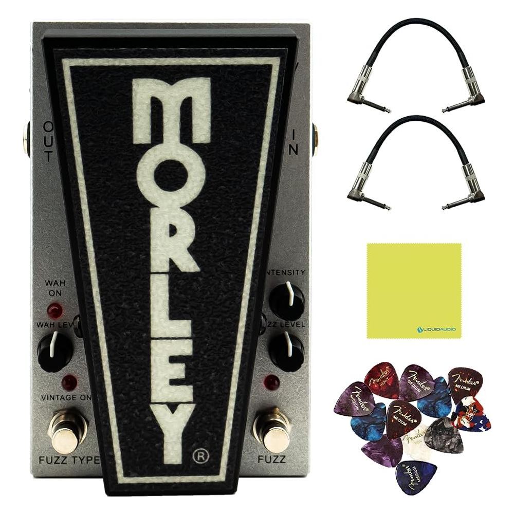 Morley Pedals 20/20 Power Fuzz Wah Pedal Bundle w/2x Strukture S6P48 Woven Right Angle Patch Cables, 12x Guitar Picks and Liquid Audio Polishing Cloth