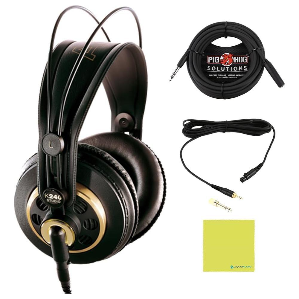 Liquid Audio . AKG K240 Studio Professional Semi-Open Stereo Headphones Bundle w/Pig Hog PHX14-25 Headphone Extension Cable, 1/4" Polishing Cloth