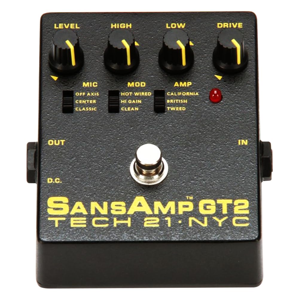 Tech 21 SansAmp GT2 Tube Amp Emulator Pedal Bundle w/ 2-Pack Strukture S6P48 Woven Right Angle Patch Cables, 12-Pack Guitar Picks and Liquid Audio Polishing Cloth