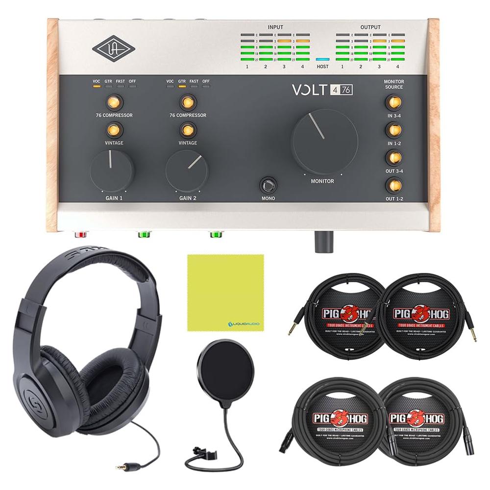 Universal Audio Volt 476 USB-C Audio Interface Bundle w/Samson Over-Ear Stereo Headphones, 2-Pack Pig Hog 8mm XLR Mic Cable, 2-Pack Pig Hog "Black Woven" Instrument Cable, & Liquid Audio Pop Filter