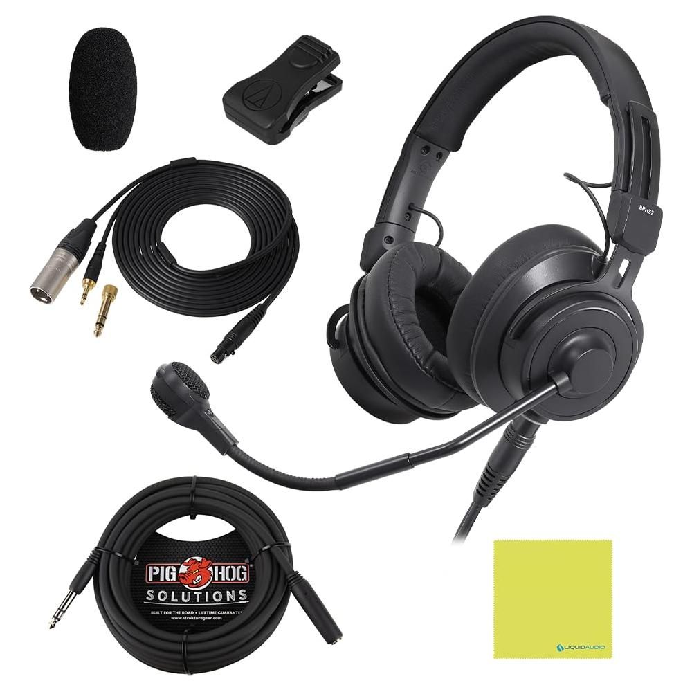 Liquid Audio Audio Technica BPHS2a Broadcast Stereo Headset Bundle w/Pig Hog PHX14-25 Headphone Extension Cable Polishing Cloth