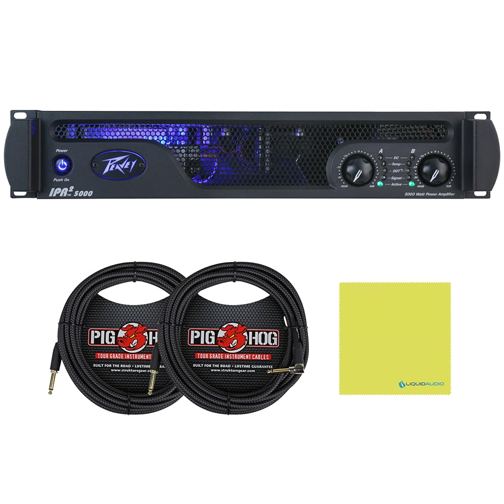 Peavey IPR2 5000 Power Amplifier Bundle with 2x 20ft Pig Hog Black Woven Instrument Cables and Polishing Cloth – 2-Channel Lightweight Professional Audio Amp