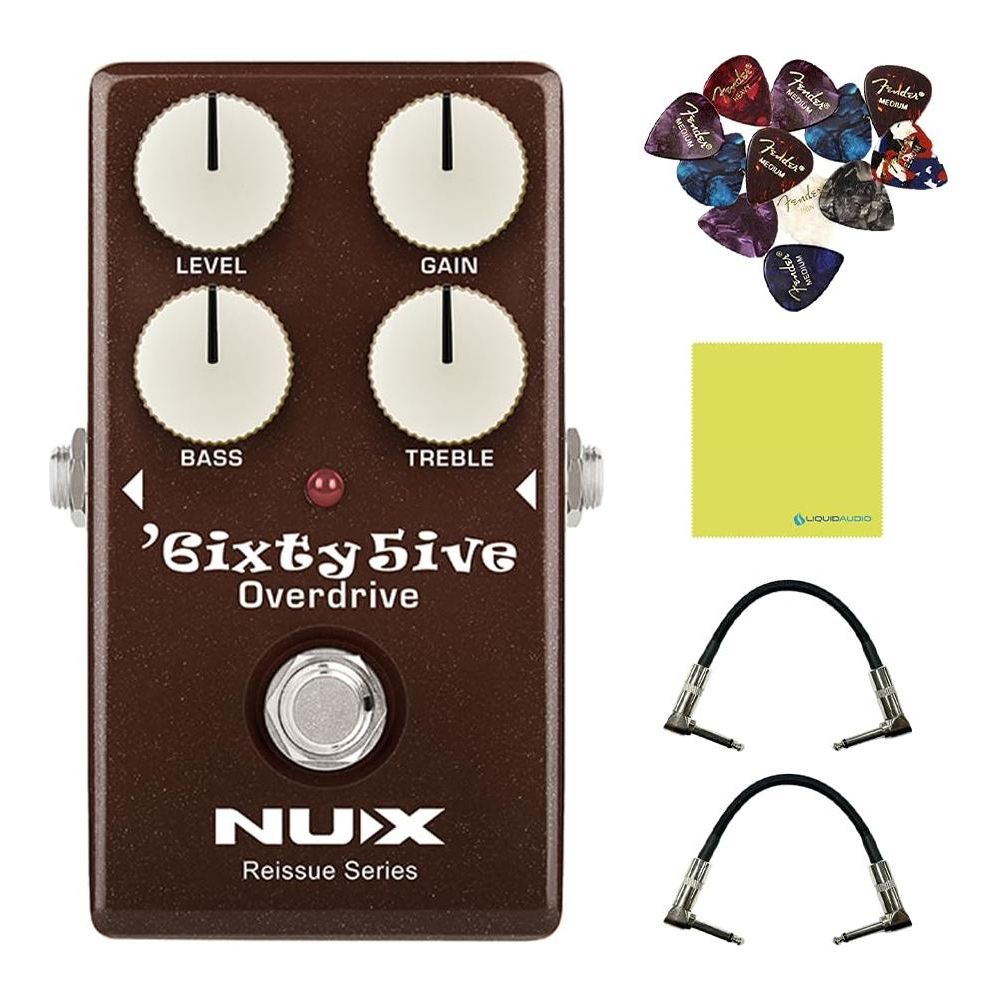 NUX 6ixty5ive Overdrive Effect Pedal Bundle w/2x Strukture S6P48 Woven Right Angle Patch Cables, 12x Guitar Picks and Liquid Audio Polishing Cloth