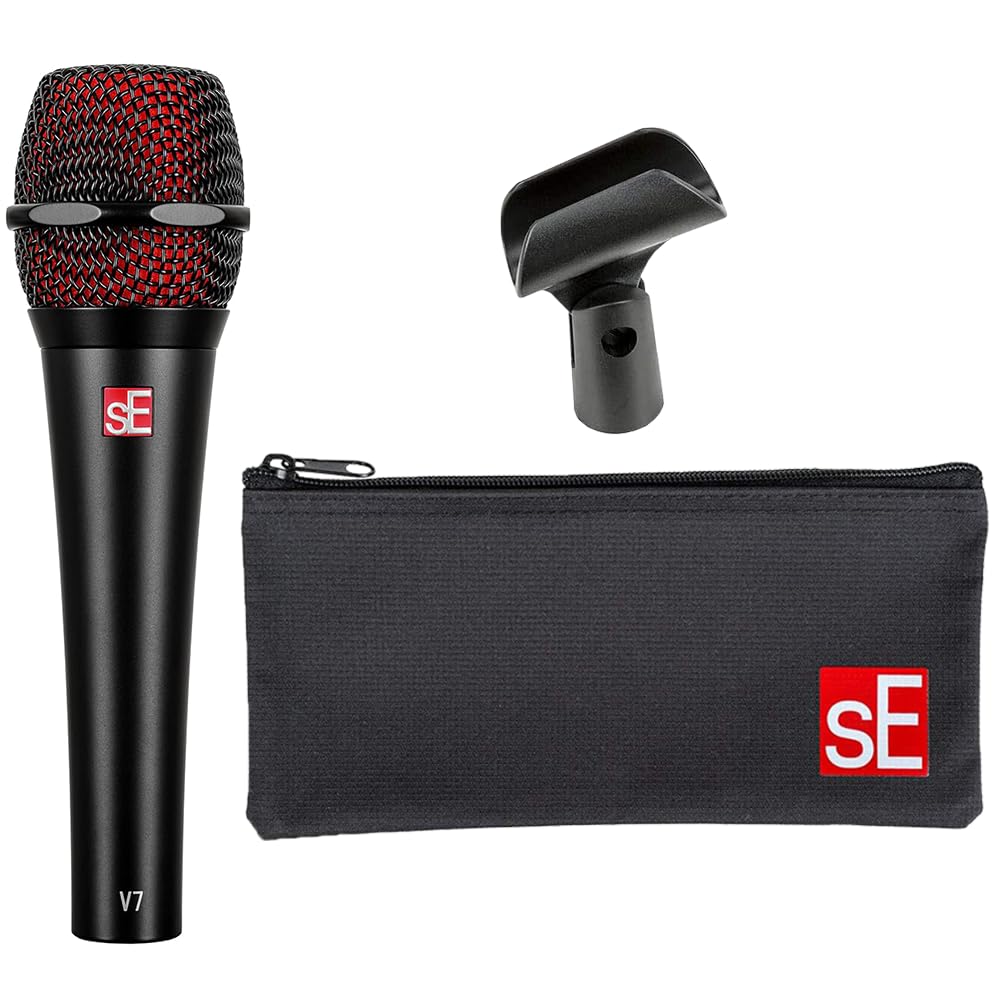 Liquid Audio sE Electronics V7 Supercardioid Dynamic Vocal Microphone in Black Finish Bundle w/Pig Hog PHM10 8mm Mic Cable Polishing Cloth