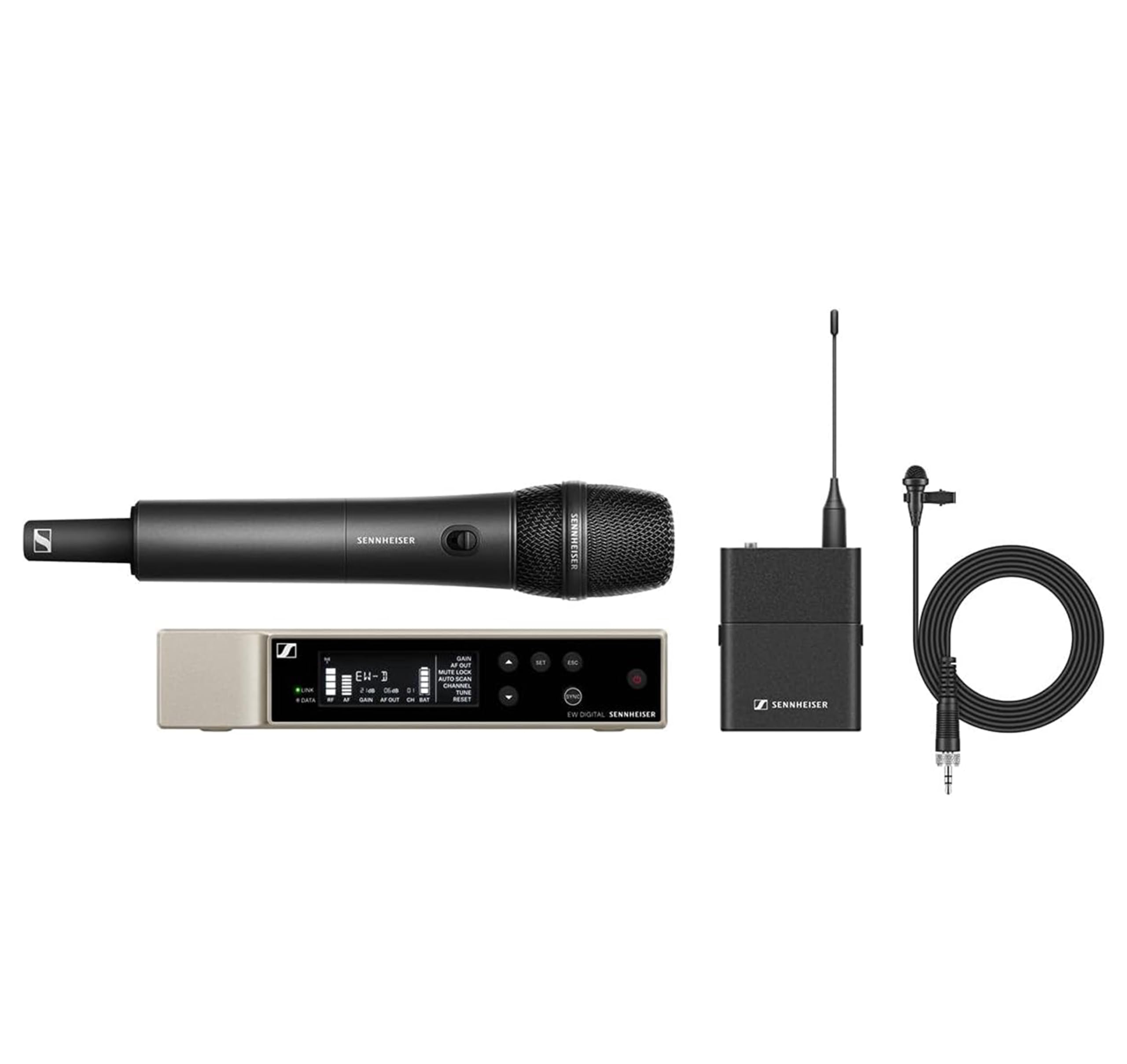 Sennheiser Combo Wireless Handheld & Lavalier Microphone System Bundle with 10ft Pig Hog Mic Cable, 4 AA Batteries & Polishing Cloth – EW-D ME2/835-S (R4-R9), Clear Digital Audio, UHF Transmission