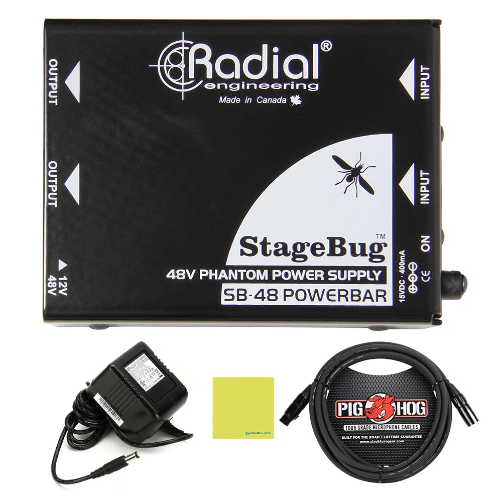 Radial Engineering StageBug SB-48 Phantom Power Supply Bundle w/Pig Hog PHM10 8mm Mic XLR Cable and Liquid Audio Polishing Cloth