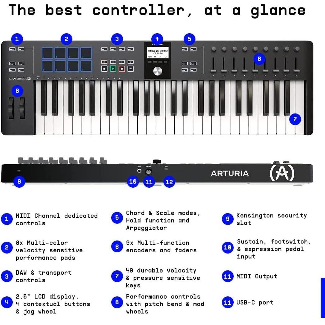 Arturia KeyLab 61 Essential mk3 MIDI Controller BUNDLE with MIDI Keyboard, Keyboard Sustain Pedal, USB Cable & Polishing Cloth - 61 Key Keyboard, Software Integration, Flexible Connectivity