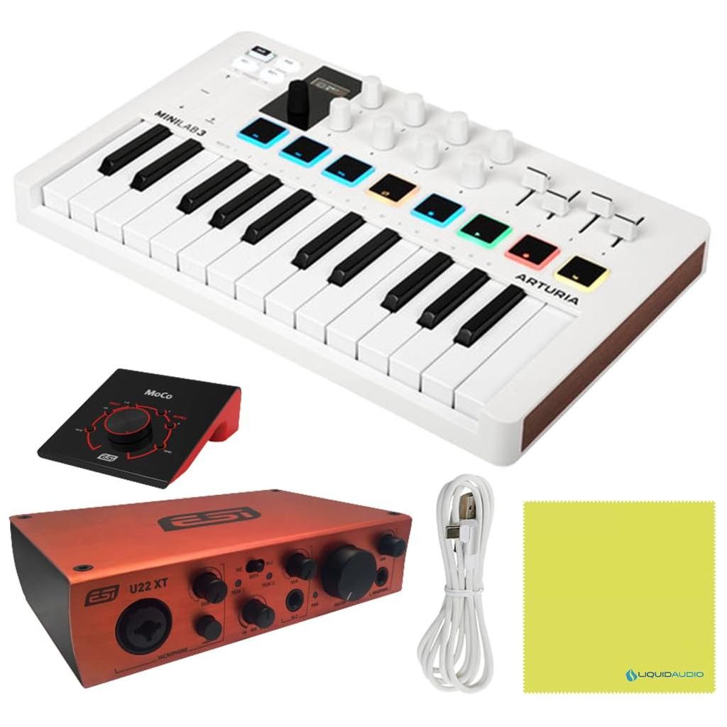 Arturia MiniLab 3 Mini Hybrid Keyboard Controller Bundle w/ESI Audio Interface, ESI MoCo Controller, Pro USB Cable & Liquid Audio Polishing Cloth