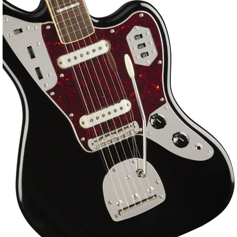 Squier Classic Vibe 70s Jaguar Electric Guitar, Indian Laurel Fingerboard, Black Bundle w/Fender Picks & Liquid Audio Polishing Cloth