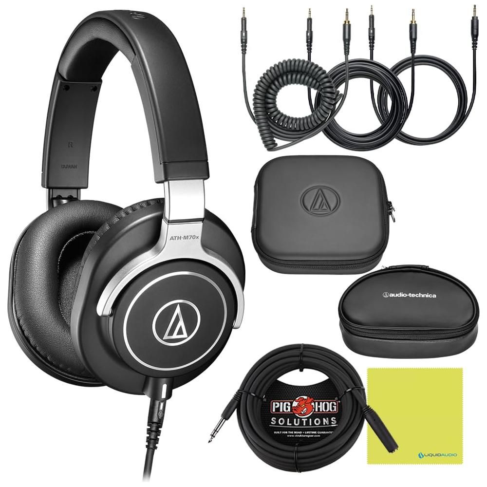 Liquid Audio Audio-Technica ATH-M70x Professional Monitor Headphones Bundle w/Pig Hog Solutions Headphone Extension Cable 1/4