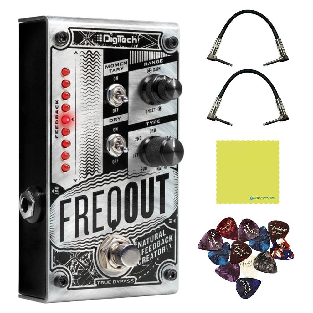 KMC Digitech FREQOUT FreqOut Natural Feedback Creator Pedal Bundle w/2x Strukture S6P48 Woven Right Angle Patch Cables, 12x Guitar Picks and Liquid Audio Polishing Cloth