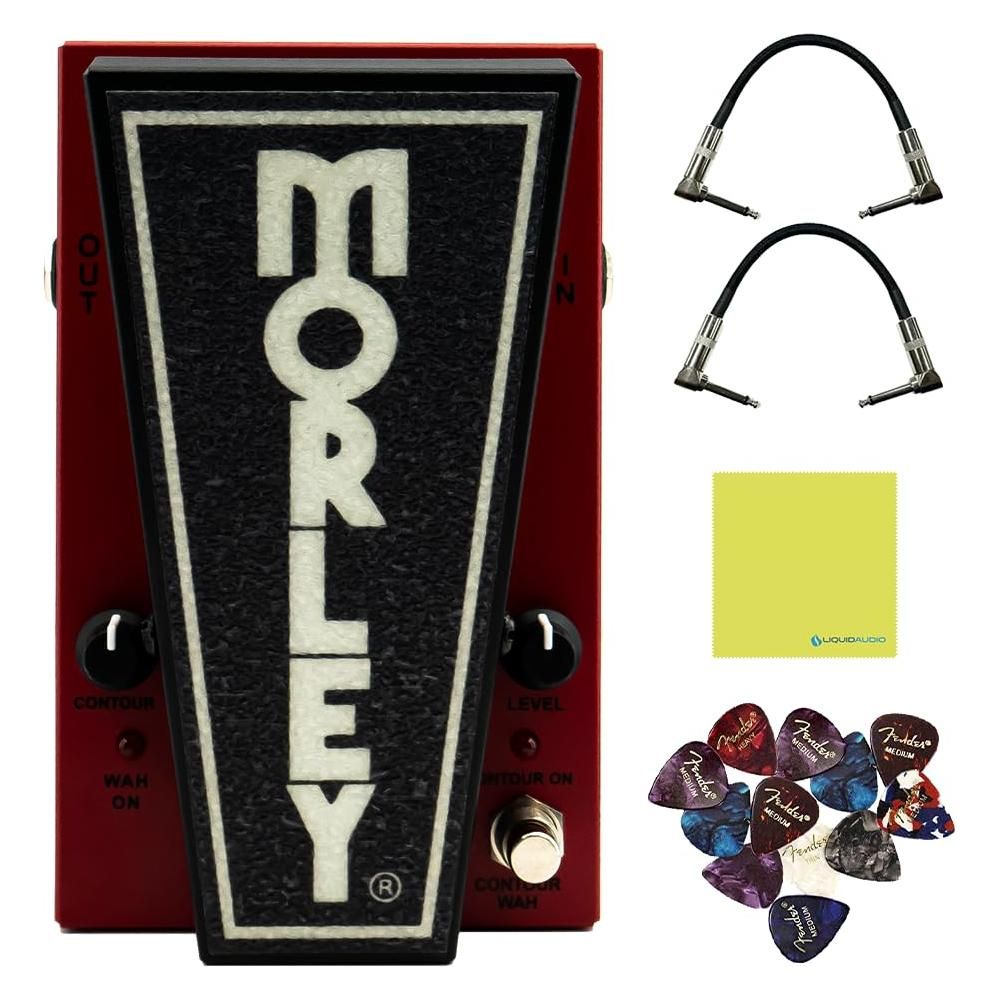 Morley 20/20 Bad Horsie Wah Pedal Bundle with 2x Strukture S6P48 Woven Right Angle Patch Cables, 12x Guitar Picks and Liquid Audio Polishing Cloth