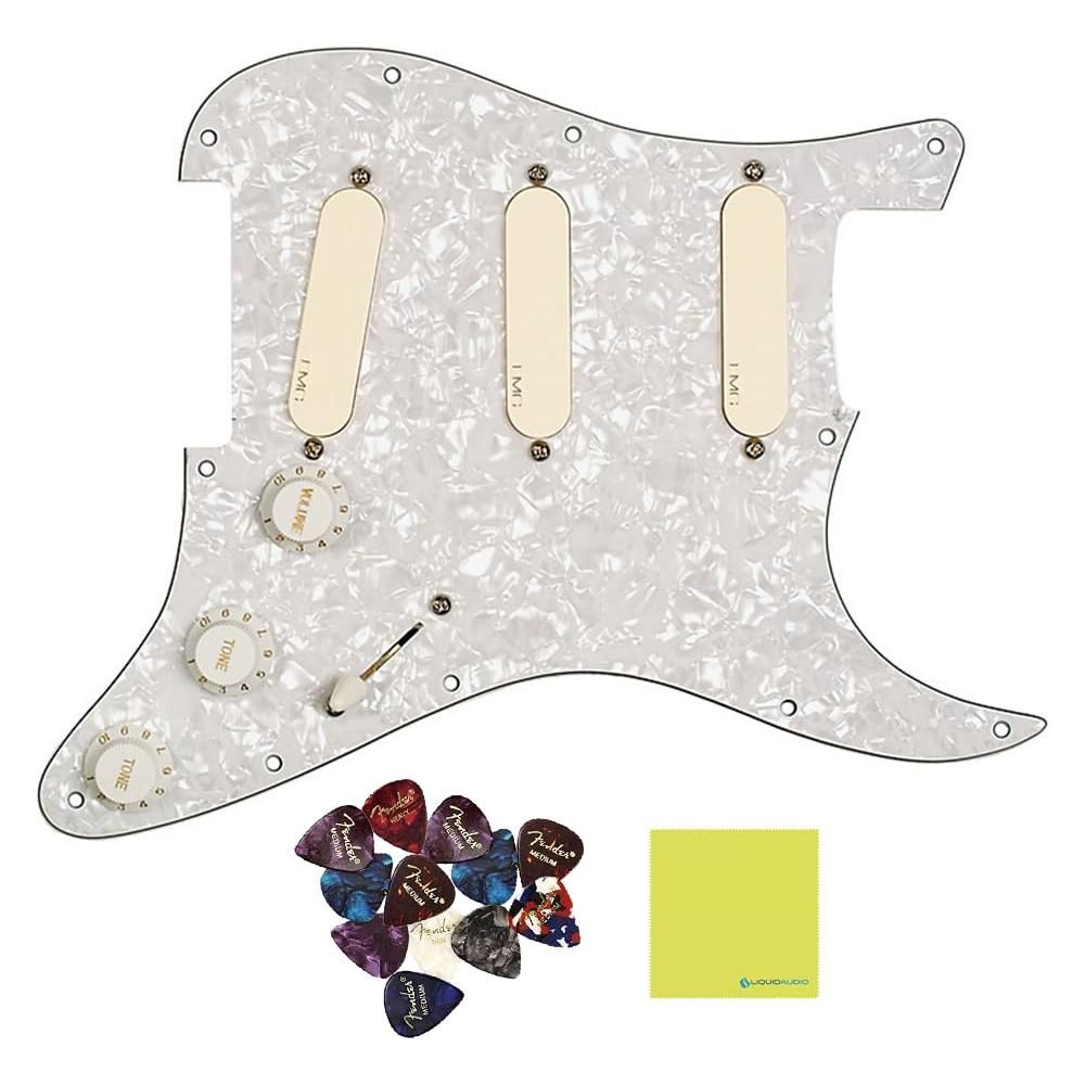 EMG DG20 David Gilmour Active Pickup Guitar Pickguard Set, Ivory - White Pearl Bundle w/ 12x Guitar Picks, and Liquid Audio Polishing Cloth