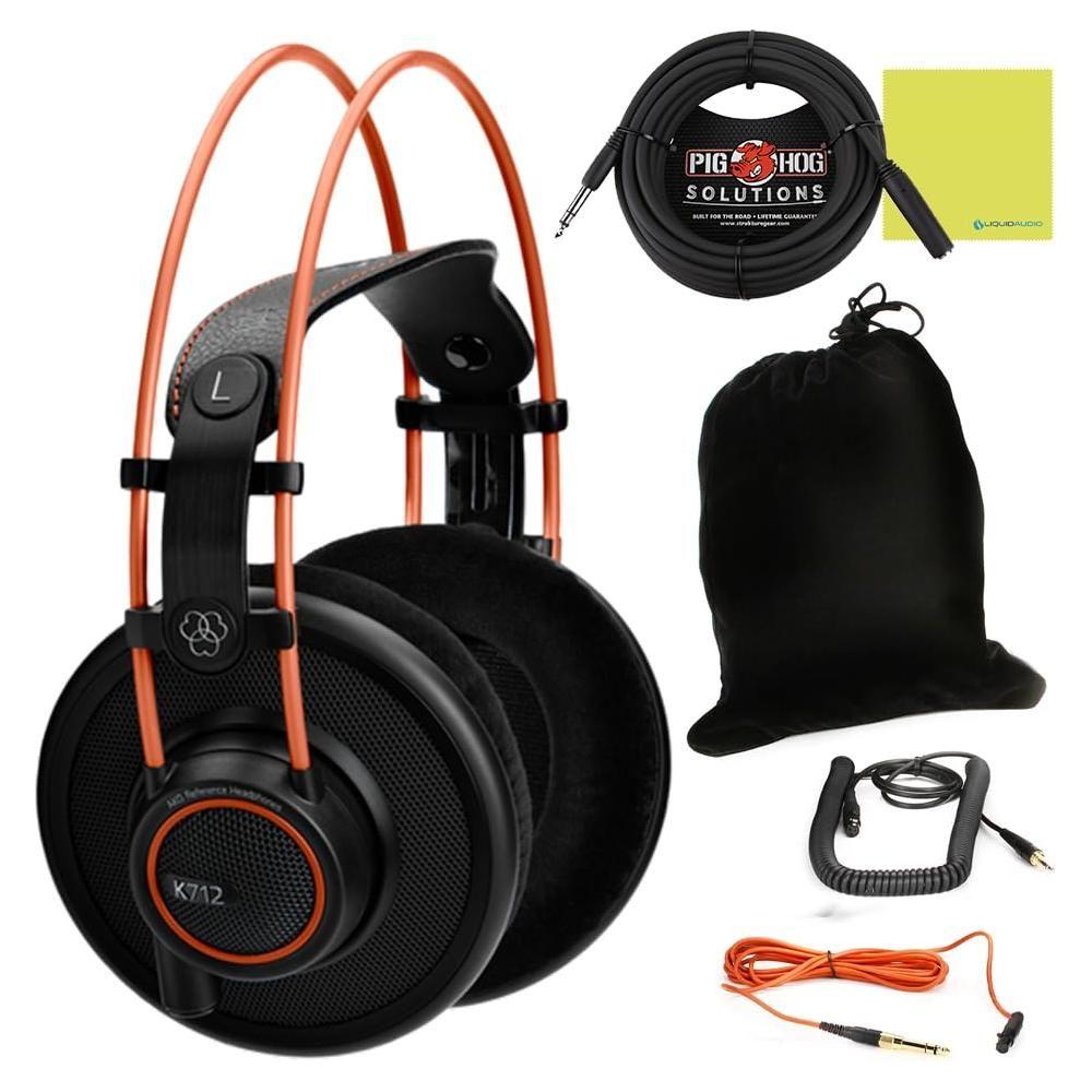 Liquid Audio AKG K712PRO Open-Back Mastering Reference and Studio Headphones Bundle w/Pig Hog PHX14-25 Headphone Extension Cable, 1/4" Polishing Cloth