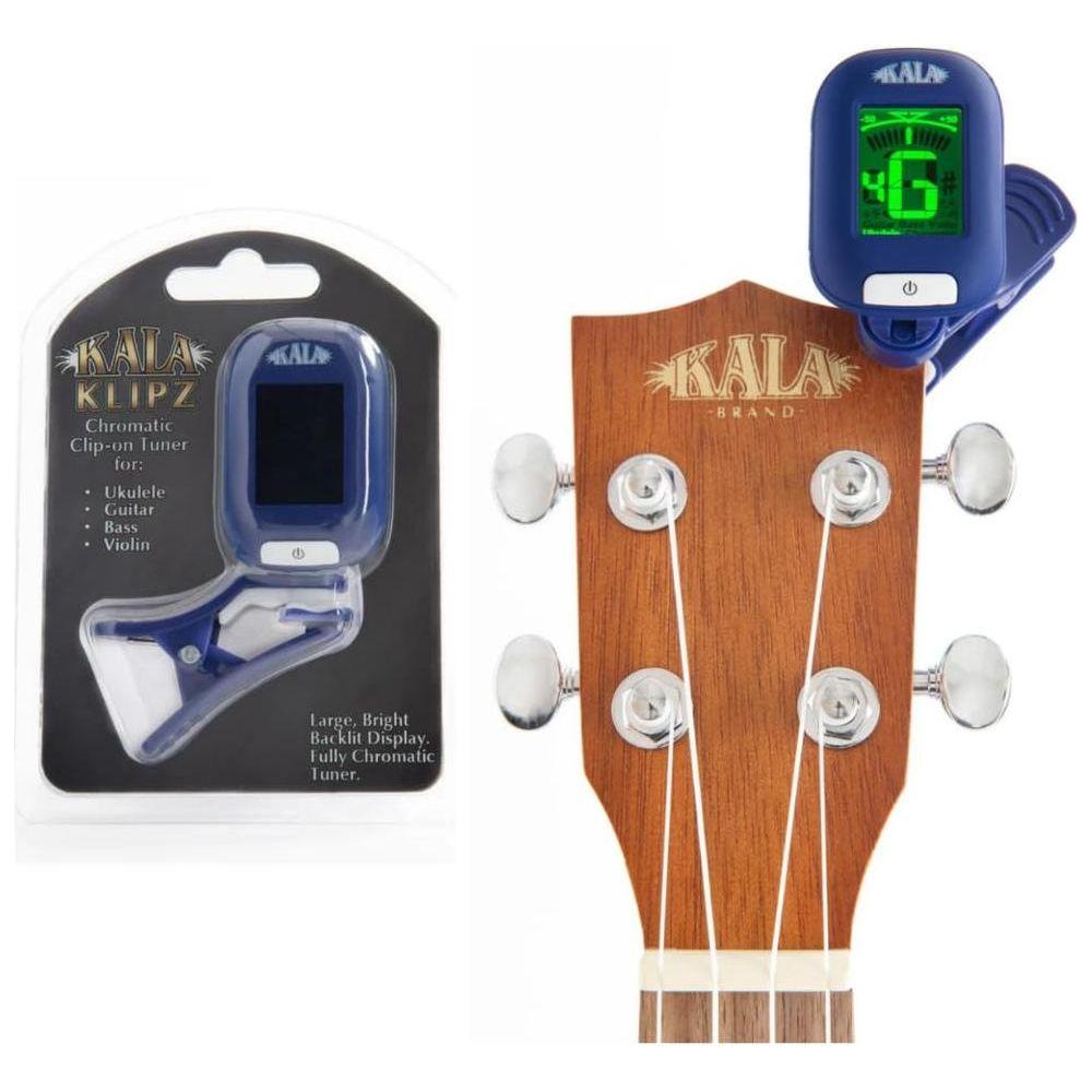 Kala Natural Mahogany Banjo Concert Ukulele with Bag, KA-BNJ-MHG-C Bundle w/Kala KKBL Klipz Tuner in Blue and Liquid Audio Polishing Cloth