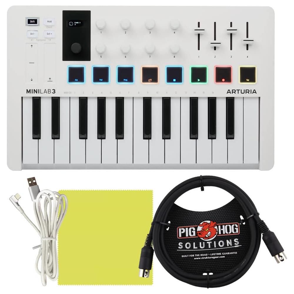 Arturia MiniLab 3 Portable MIDI Keyboard Controller with Pig Hog MIDI Cable & Polishing Cloth - 25 Key MIDI Controller, White Mini Keyboard for Recording Studio, Music Equipment with Software Included