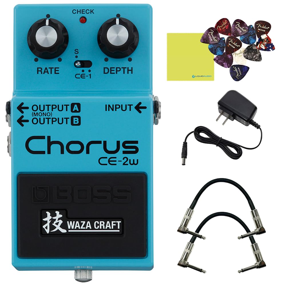 Boss CE-2W Waza Craft Chorus Pedal Bundle with 2x Strukture S6P48 Woven Right Angle Patch Cables, 12x Fender Guitar Picks, 9V Power Adapter and Liquid Audio Instrument Polishing Cloth