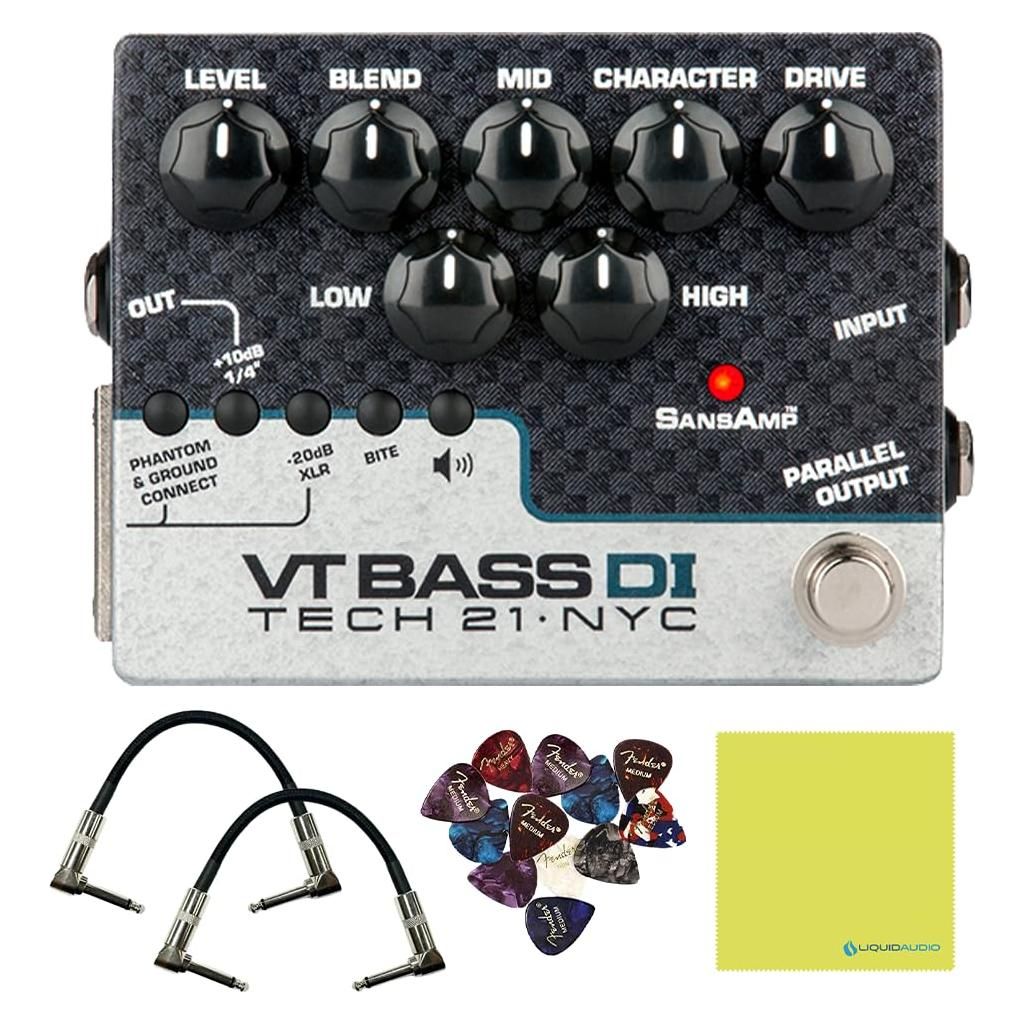 Tech 21 SansAmp VT Bass DI Pedal Bundle w/ 2x Strukture Patch Cables, 12x Guitar Picks & Liquid Audio Polishing Cloth CS-VTB-DI