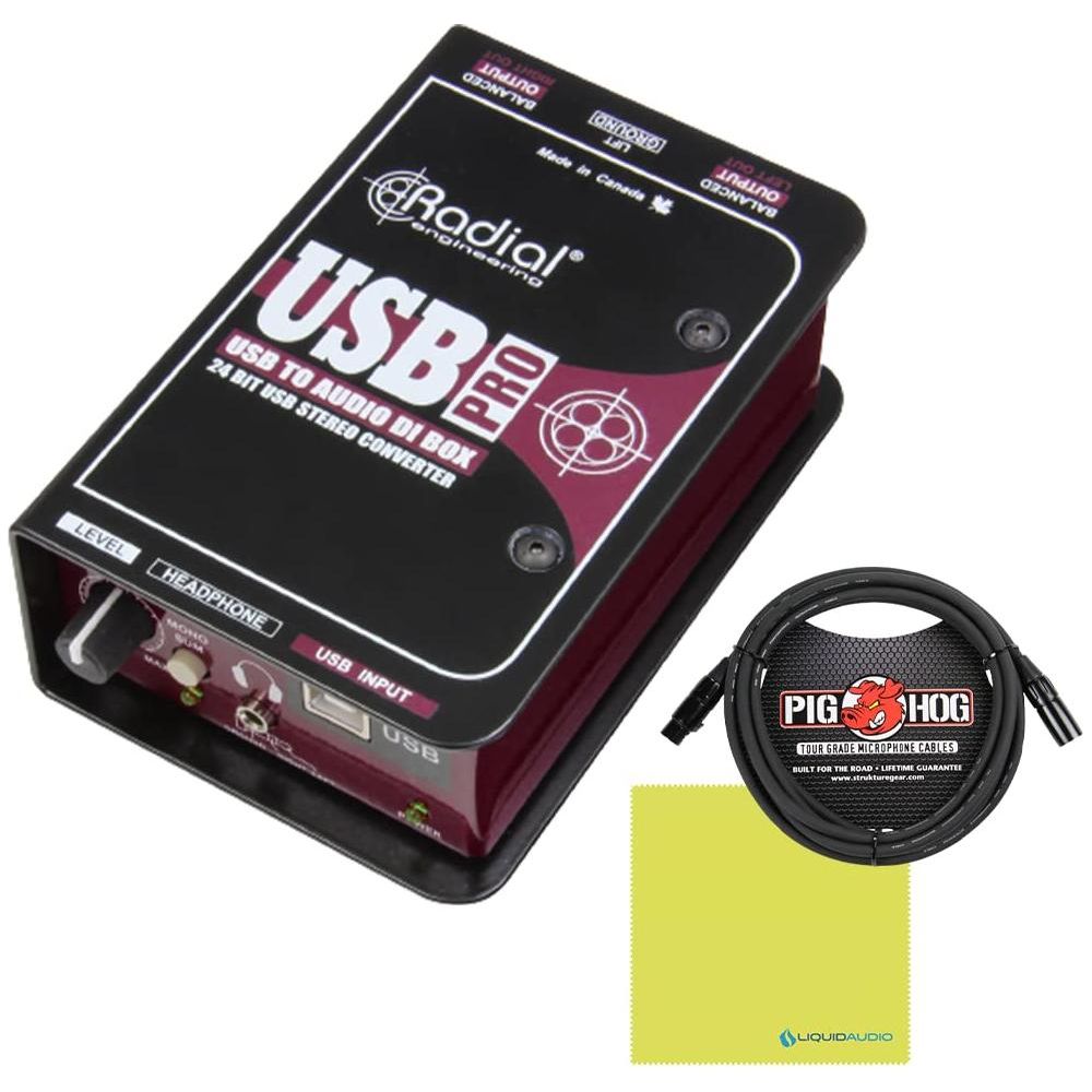 Radial Engineering USB-Pro Stereo USB Laptop DI Bundle w/Pig Hog 10' XLR 8MM Microphone Cable & Liquid Audio Polishing Cloth