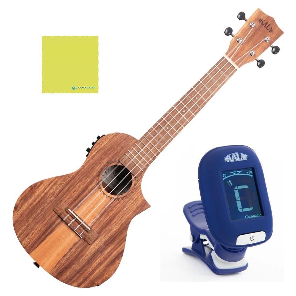 Kala Teak Tri-Top Concert Ukulele w/Cutaway & EQ, KA-TK-C-CE Bundle w/Kala KKBL Klipz Tuner in Blue and Liquid Audio Polishing Cloth