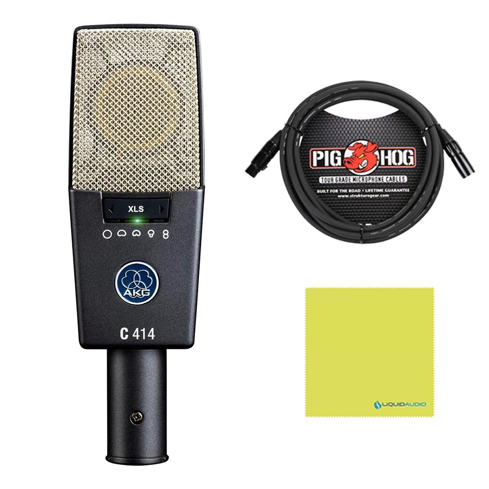 Liquid Audio AKG C414 XLS Reference Multipattern Condenser Microphone Bundle w/Pig Hog PHM10 8mm Mic Cable Polishing Cloth