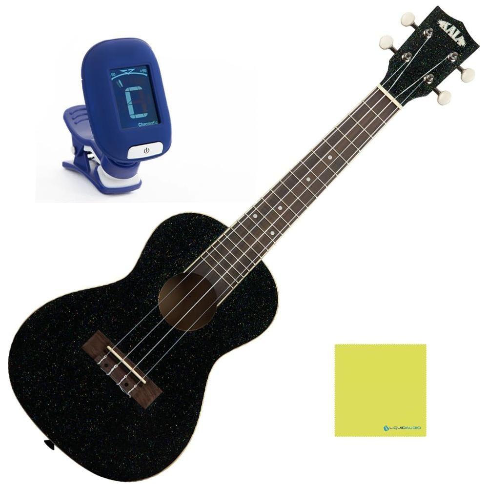 Kala Galaxy Black Sparkle Concert Ukulele, KA-SPRK-BLACK Bundle w/Kala KKBL Klipz Tuner in Blue and Liquid Audio Polishing Cloth