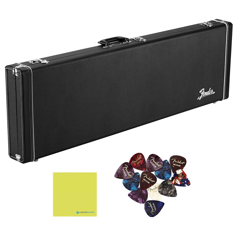 Liquid Audio Fender Classic Series Wood Case - Mustang®/Duo Sonic™, Black - 0996126306 Bundle w/ 12-Pack Guitar Pick Polishing Cloth