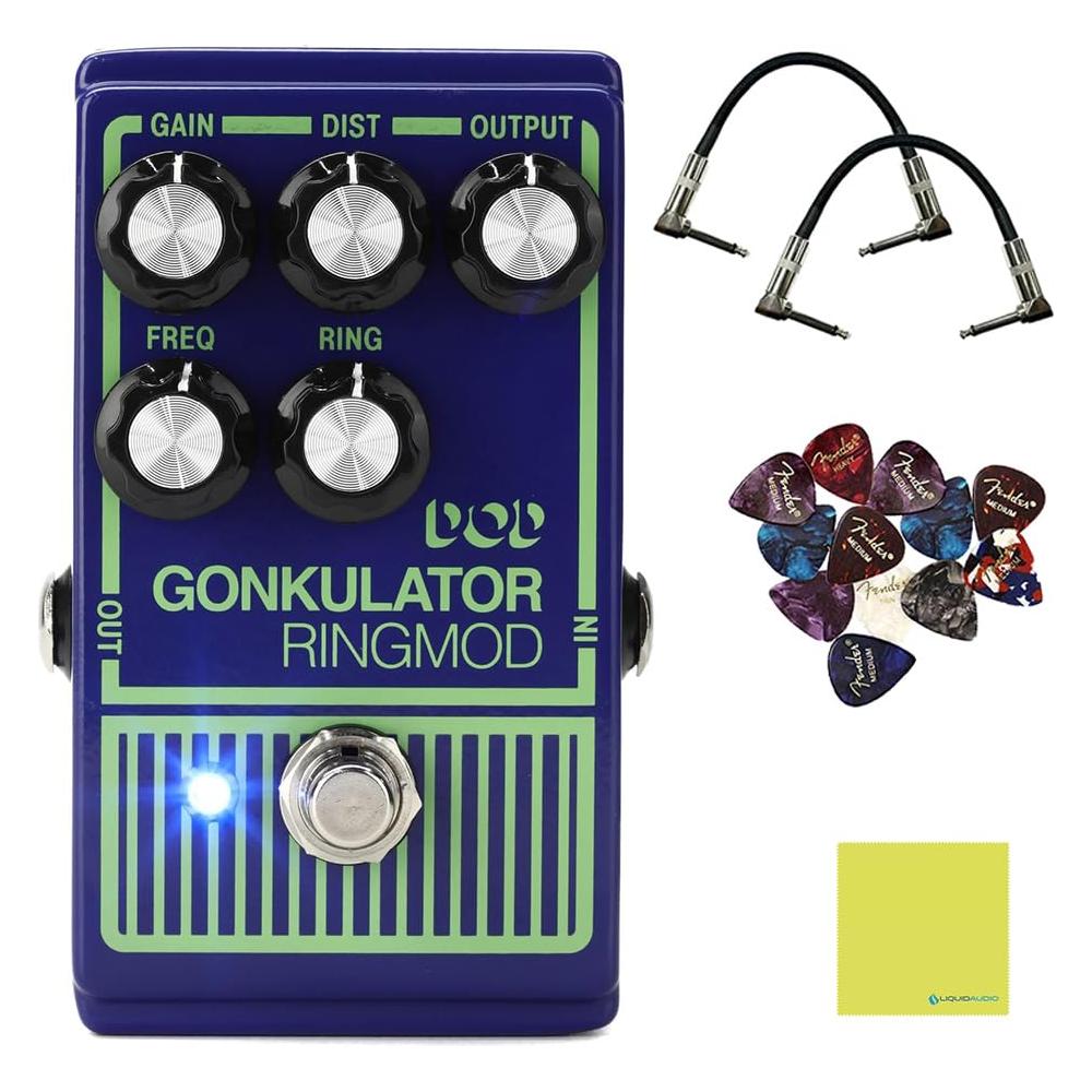 DigiTech Gonkulator Ring Modulator Effect Pedal Bundle w/ 2-Pack Strukture S6P48 Woven Right Angle Patch Cable, 12-Pack Guitar Pick and Liquid Audio Polishing Cloth