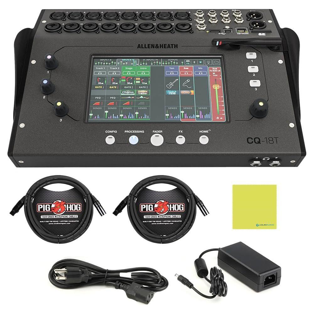 Allen & Heath AH-CQ18T Ultra-Compact 18in / 8out Digital Mixer with Wi-Fi Bundle w/ 2-Pack Pig Hog PHM15 Mic Cable, Power Cable & Liquid Audio Polishing Cloth